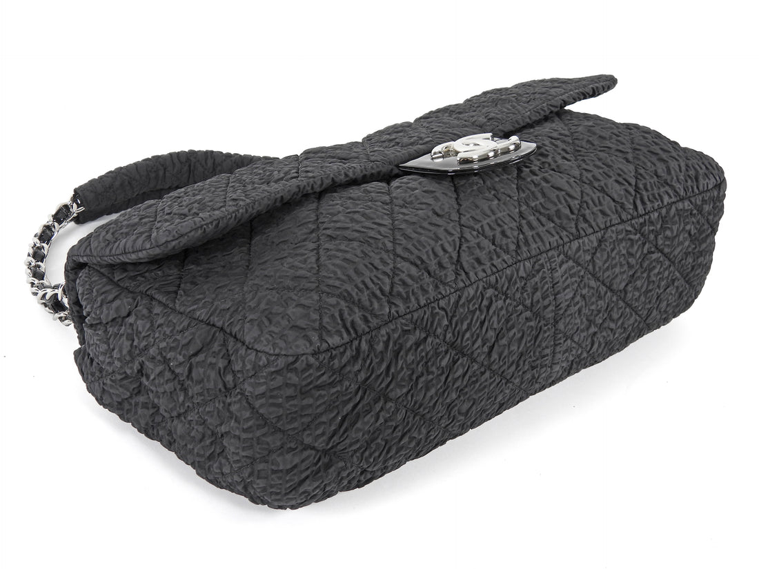 Chanel Black 2009 Ruched Nylon Patent CC Large Cloquee Flap Bag
