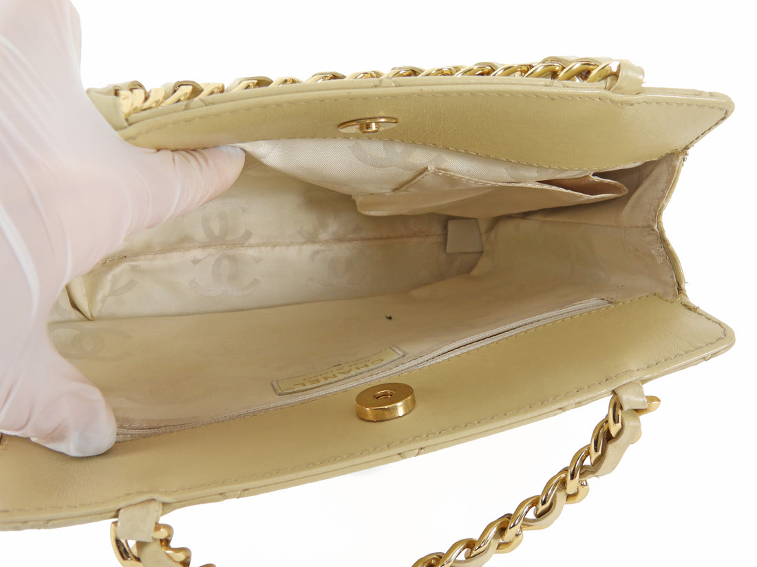 Chanel Beige Vintage 2004 Quilted Leather Metal Chain Medium Handle Hand Bag