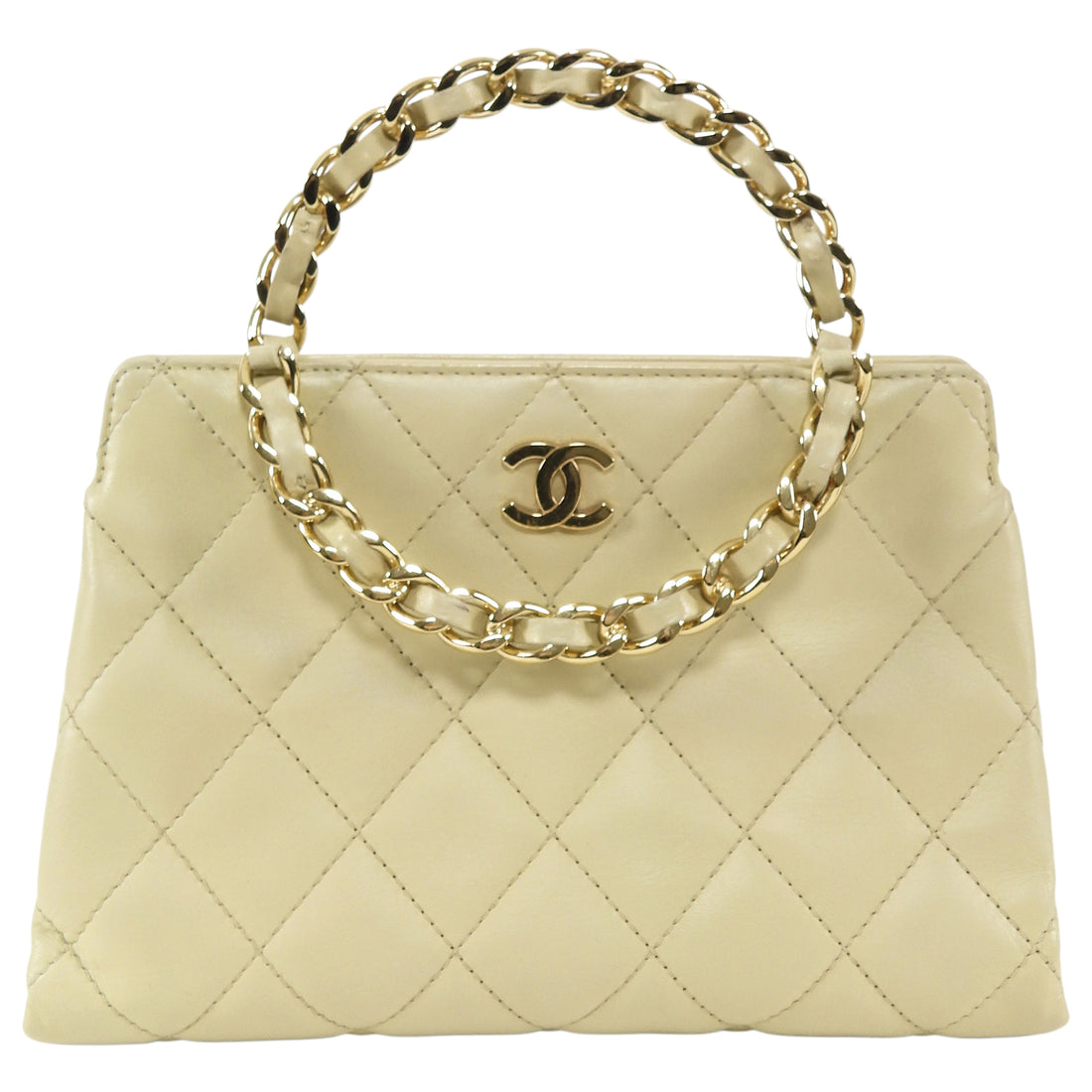 Chanel Beige Vintage 2004 Quilted Leather Metal Chain Medium Handle Hand Bag