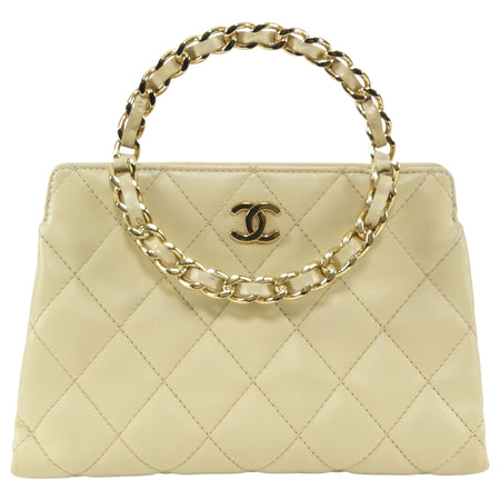 Chanel Beige Vintage 2004 Quilted Leather Metal Chain Medium Handle Hand Bag