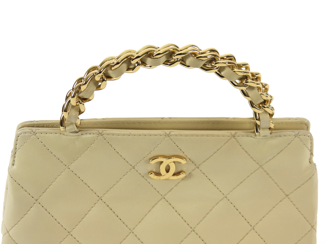 Chanel Beige Vintage 2004 Quilted Leather Metal Chain Medium Handle Hand Bag