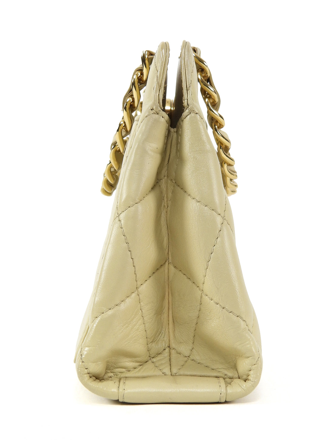 Chanel Beige Vintage 2004 Quilted Leather Metal Chain Medium Handle Hand Bag