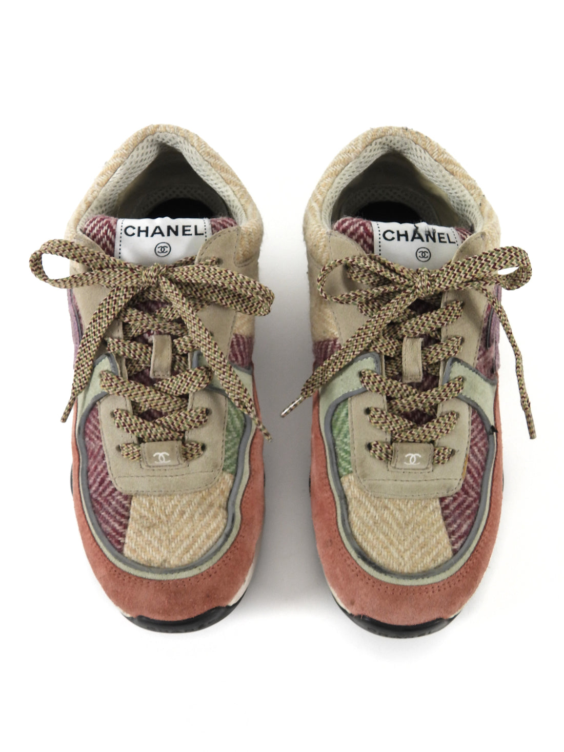 Chanel Beige Pink Multicoloured AW2022 Suede Tweed Combo CC Sneakers - 37.5