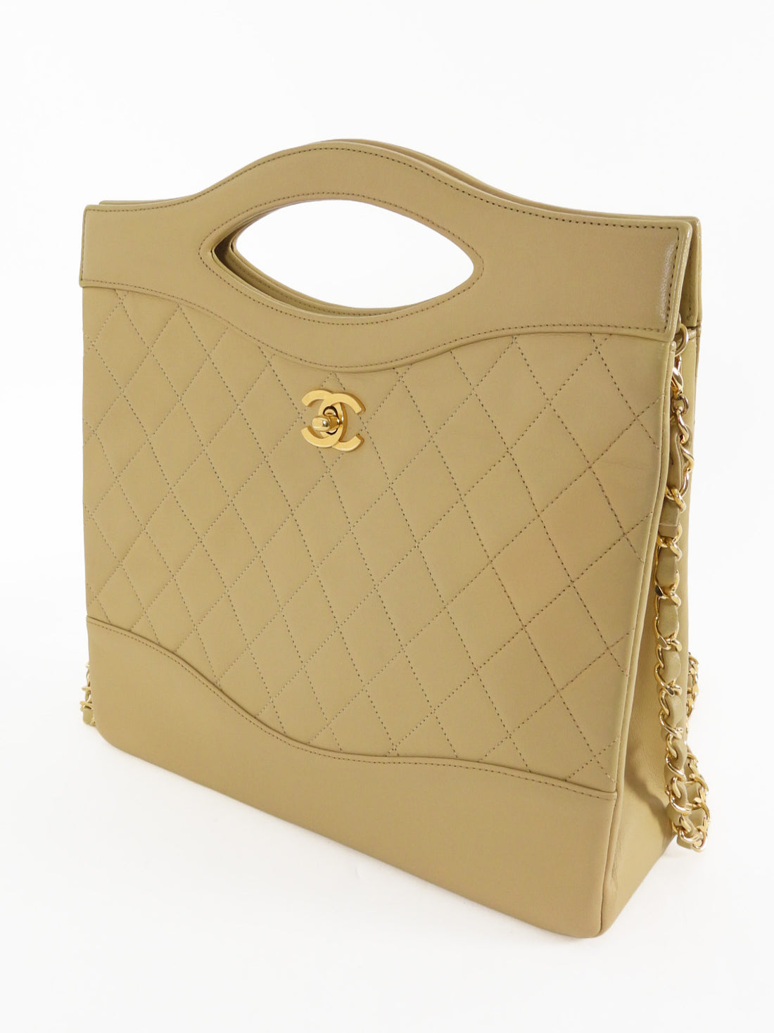 Chanel Vintage 1989 Beige Quilted Leather Medium 31 Shopping Tote Bag
