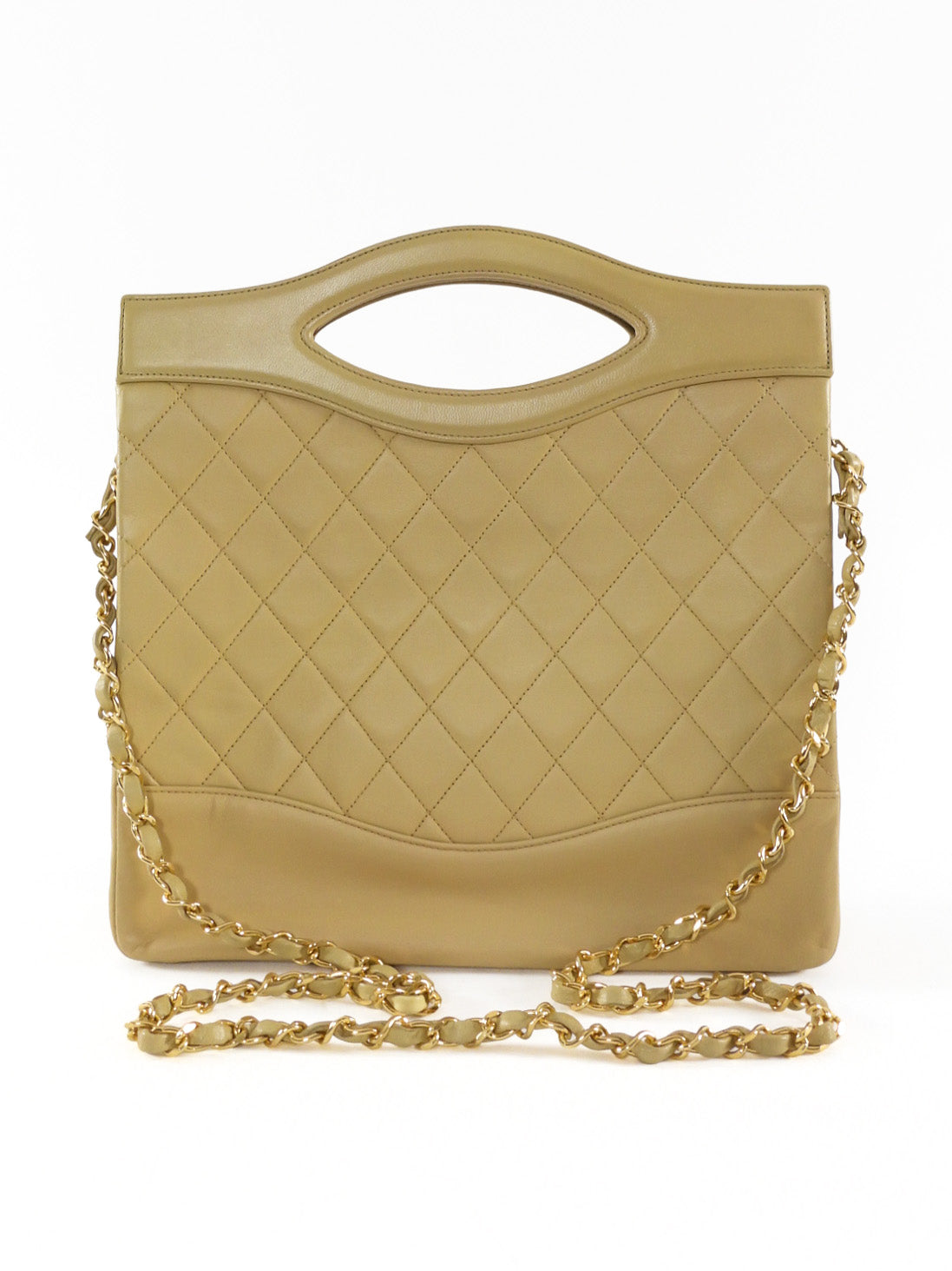Chanel Vintage 1989 Beige Quilted Leather Medium 31 Shopping Tote Bag
