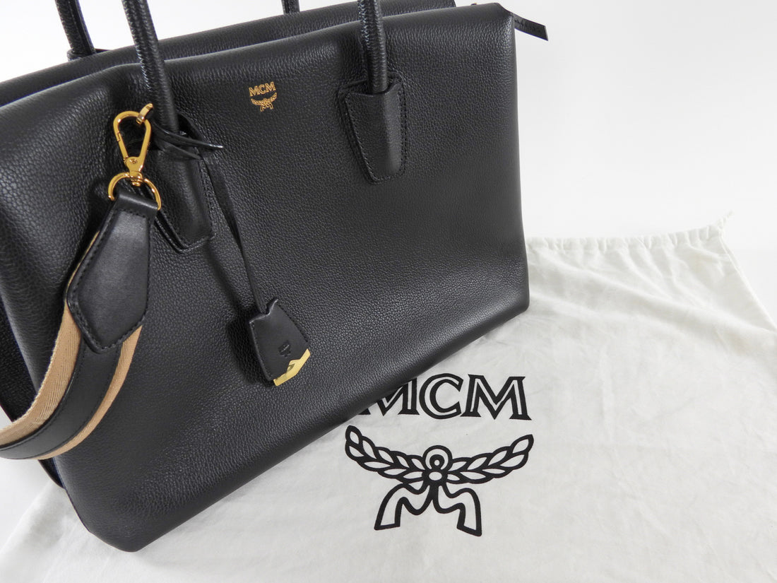 MCM Black Leather Large Milla Tote with Canvas Strap