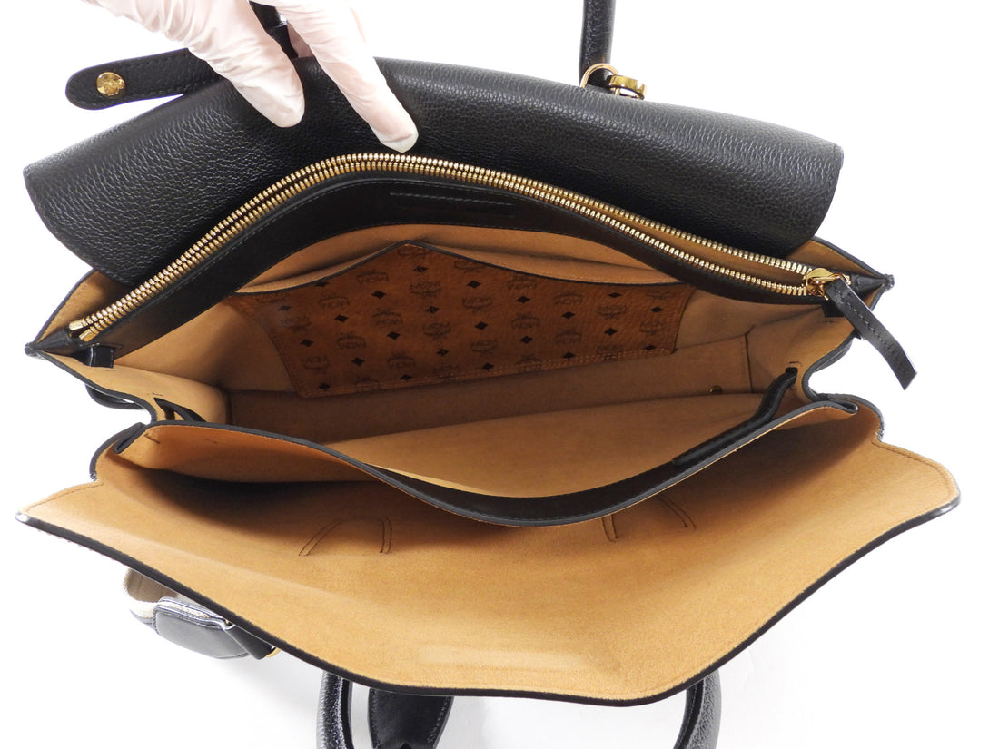 MCM Black Leather Large Milla Tote with Canvas Strap