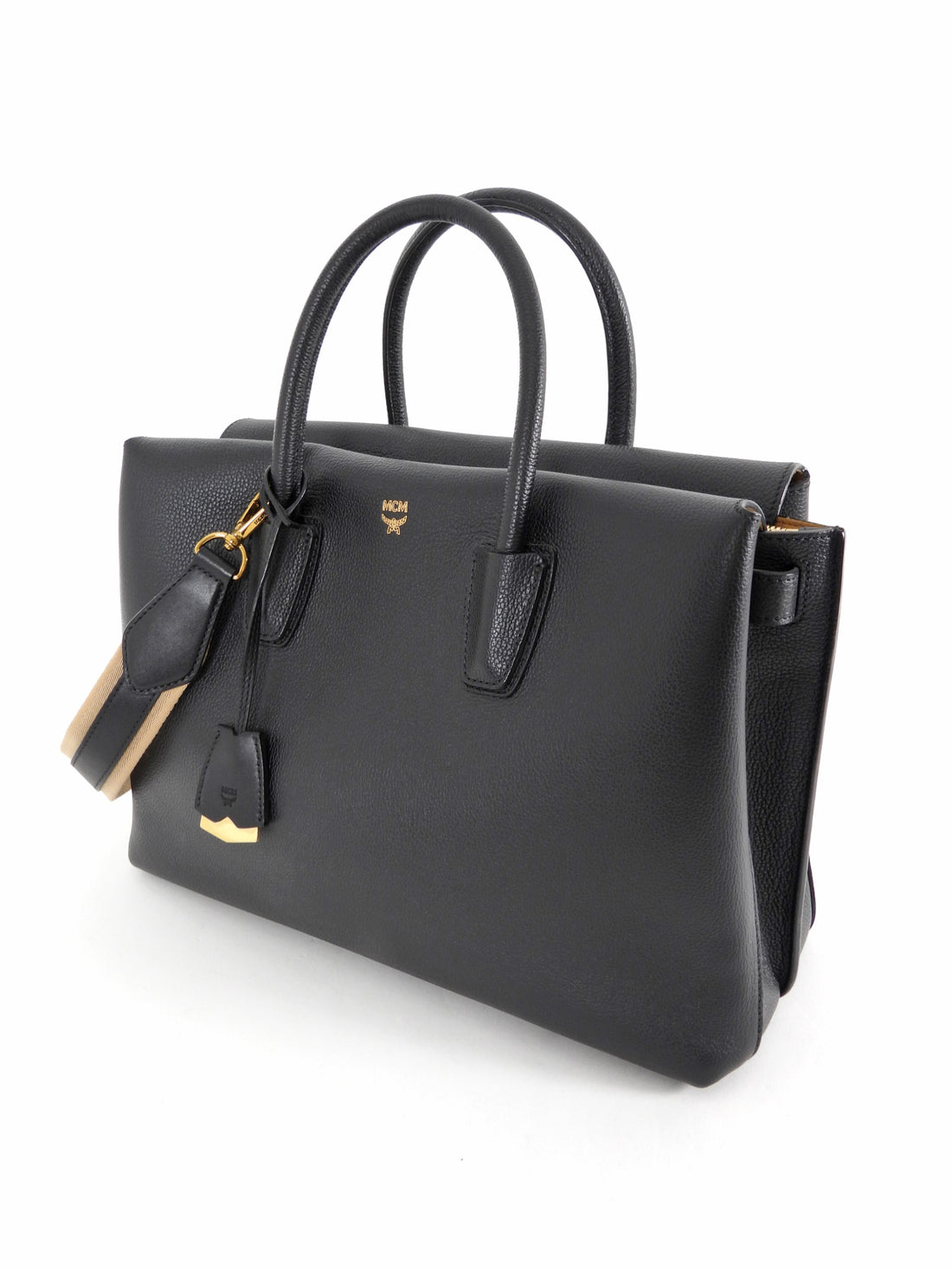 MCM Black Leather Large Milla Tote with Canvas Strap