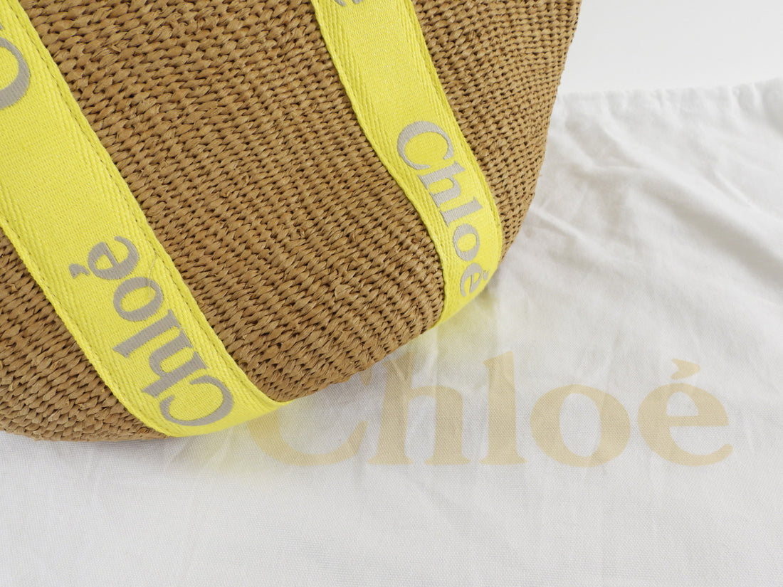 Chloe Yellow Logo Web and Natural Raffia Woven Basket Woody Tote