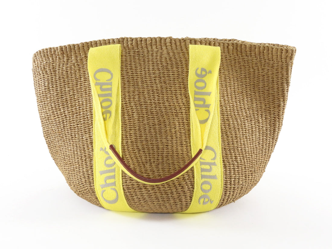 Chloe Yellow Logo Web and Natural Raffia Woven Basket Woody Tote