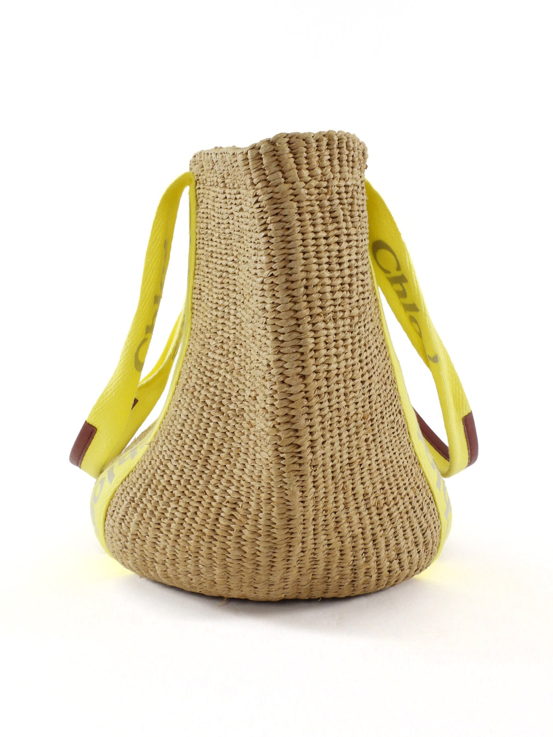 Chloe Yellow Logo Web and Natural Raffia Woven Basket Woody Tote