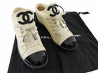 Chanel Ivory Leather Black Patent Cap Toe Lambskin CC Sneaker - 37
