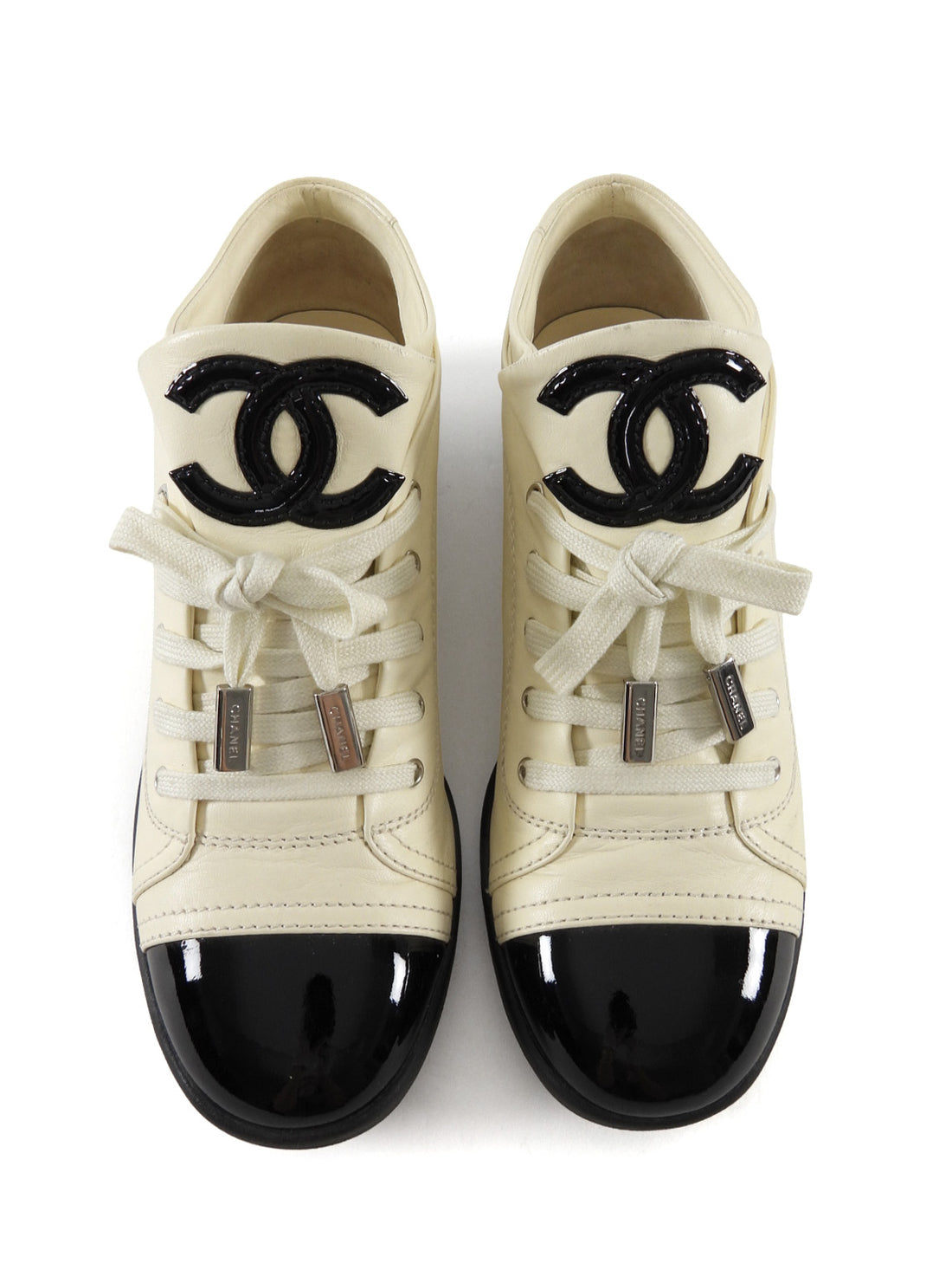 Chanel Ivory Leather Black Patent Cap Toe Lambskin CC Sneaker - 37
