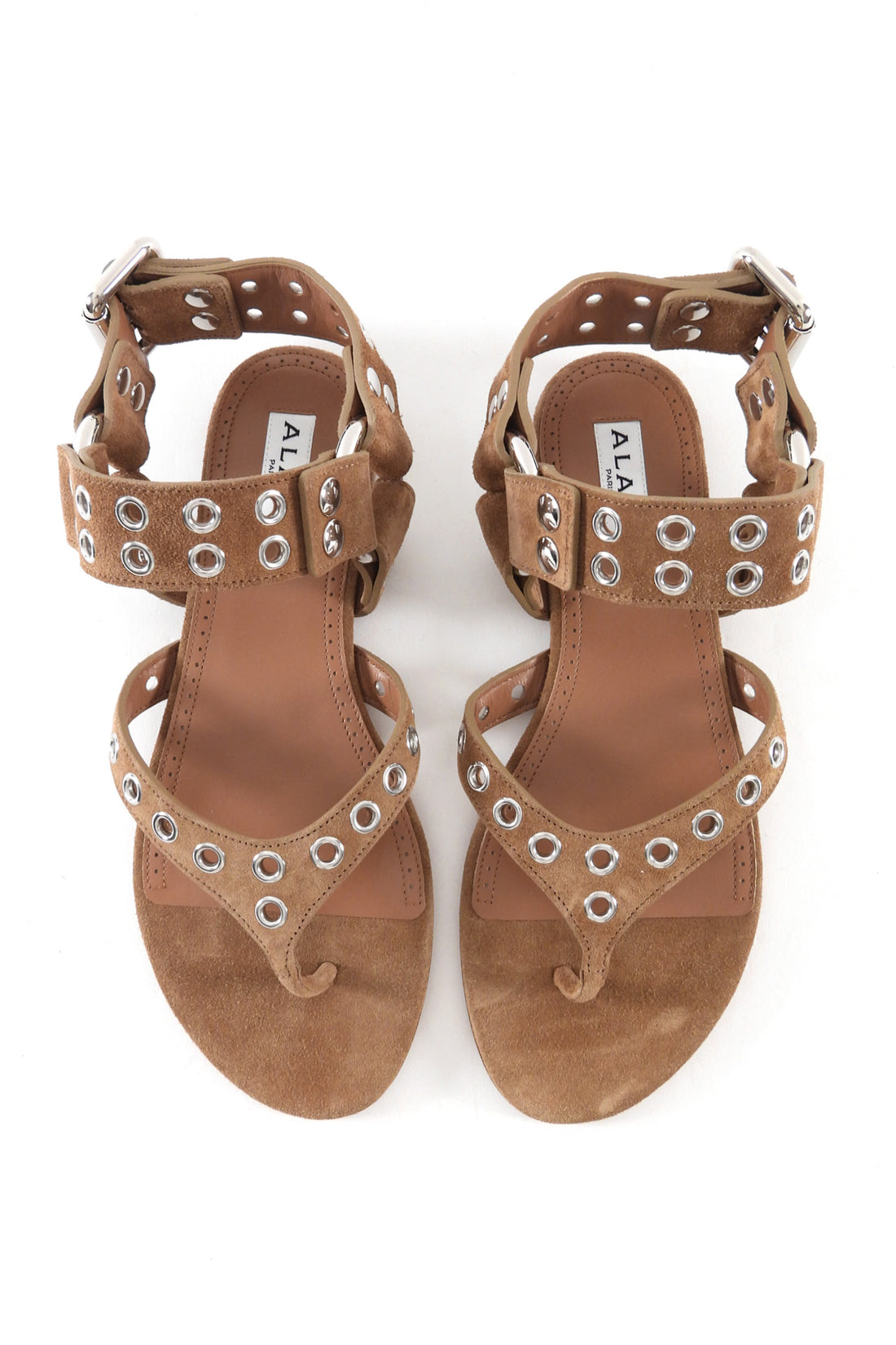 Alaia Light Brown Suede Grommet Biker Flat Thong Sandals - 37