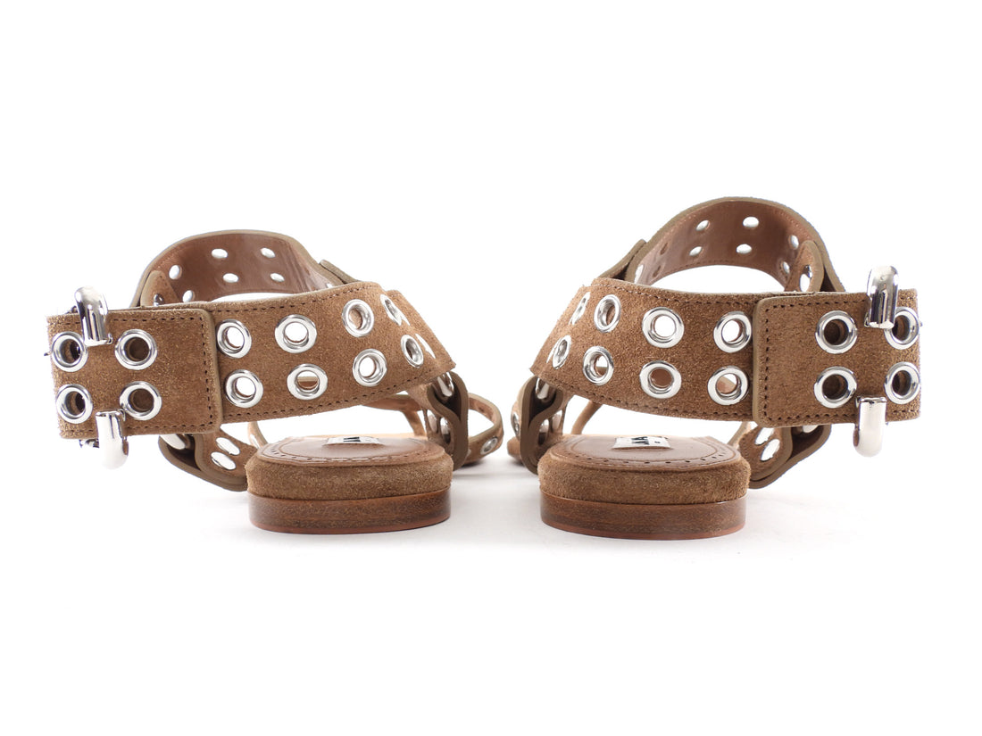 Alaia Light Brown Suede Grommet Biker Flat Thong Sandals - 37