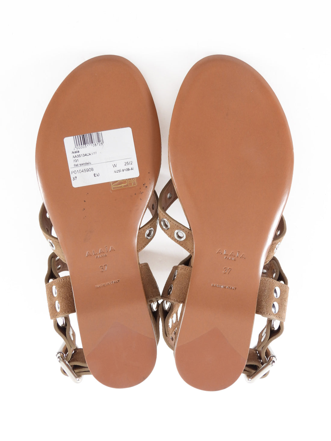 Alaia Light Brown Suede Grommet Biker Flat Thong Sandals - 37