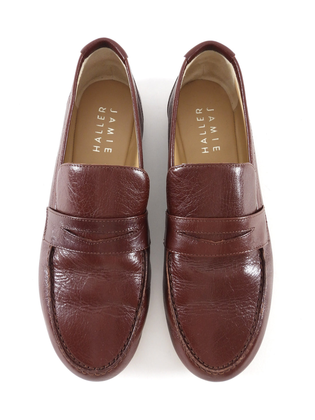 Jamie Haller Cognac Brown Aged Glossed Leather Penny Loafers - 37