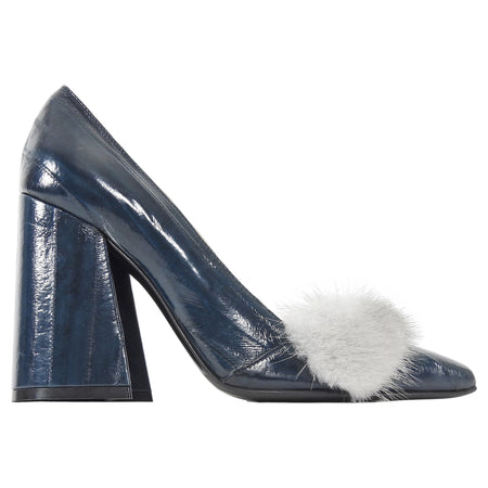 Eugenia Kim Navy Blue and Grey Demi Eelskin and Mink Block Heel Pumps - 37