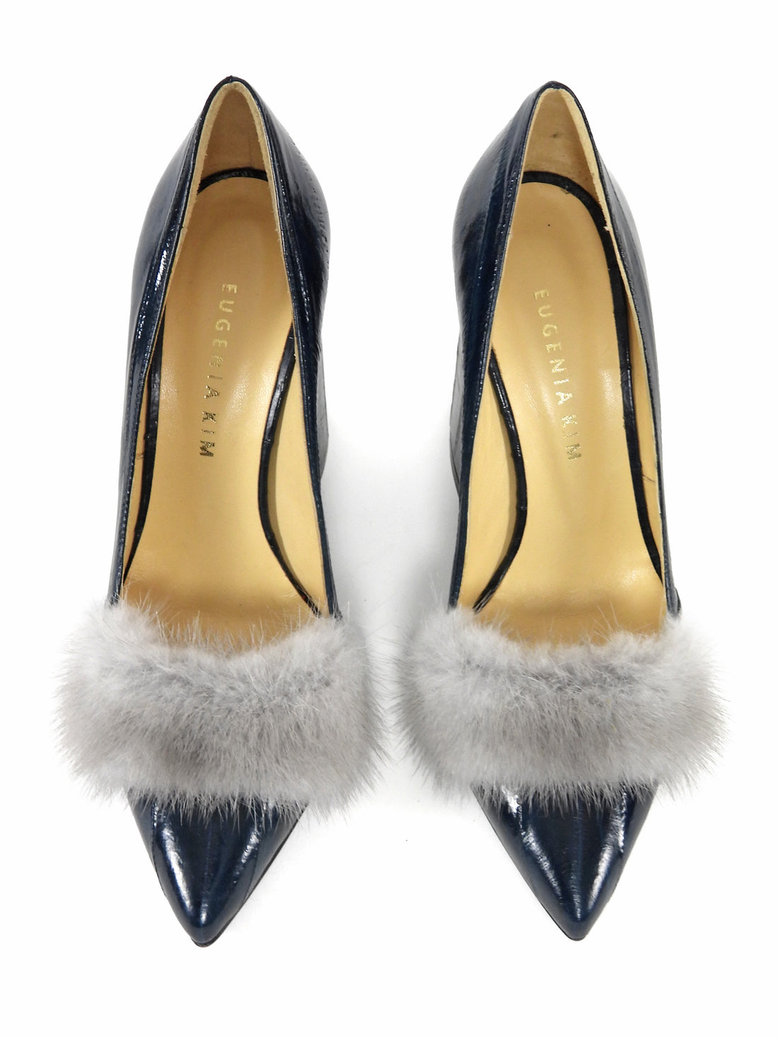 Eugenia Kim Navy Blue and Grey Demi Eelskin and Mink Block Heel Pumps - 37