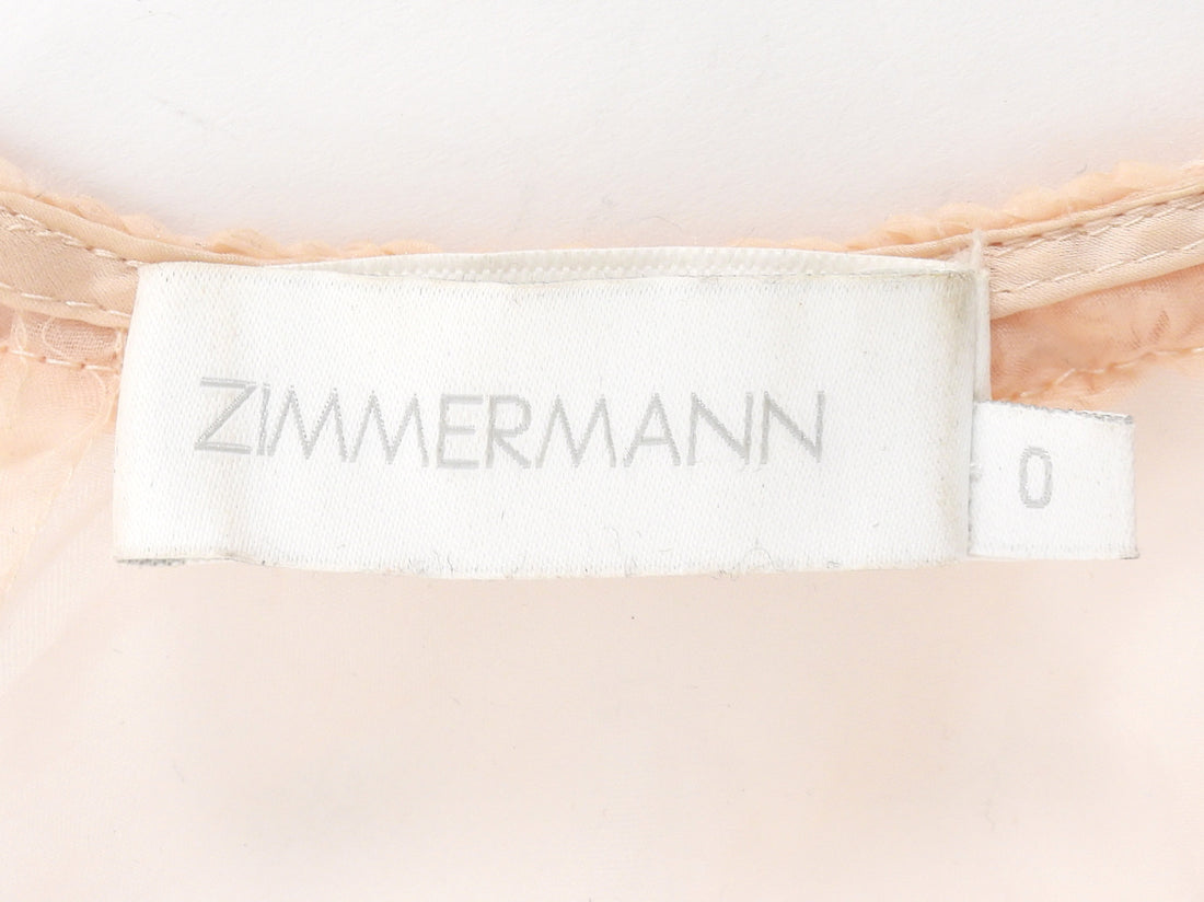 Zimmermann Blush Nude Illuminate Macrame Trim Bodice Sheer Silk Blouse - 0