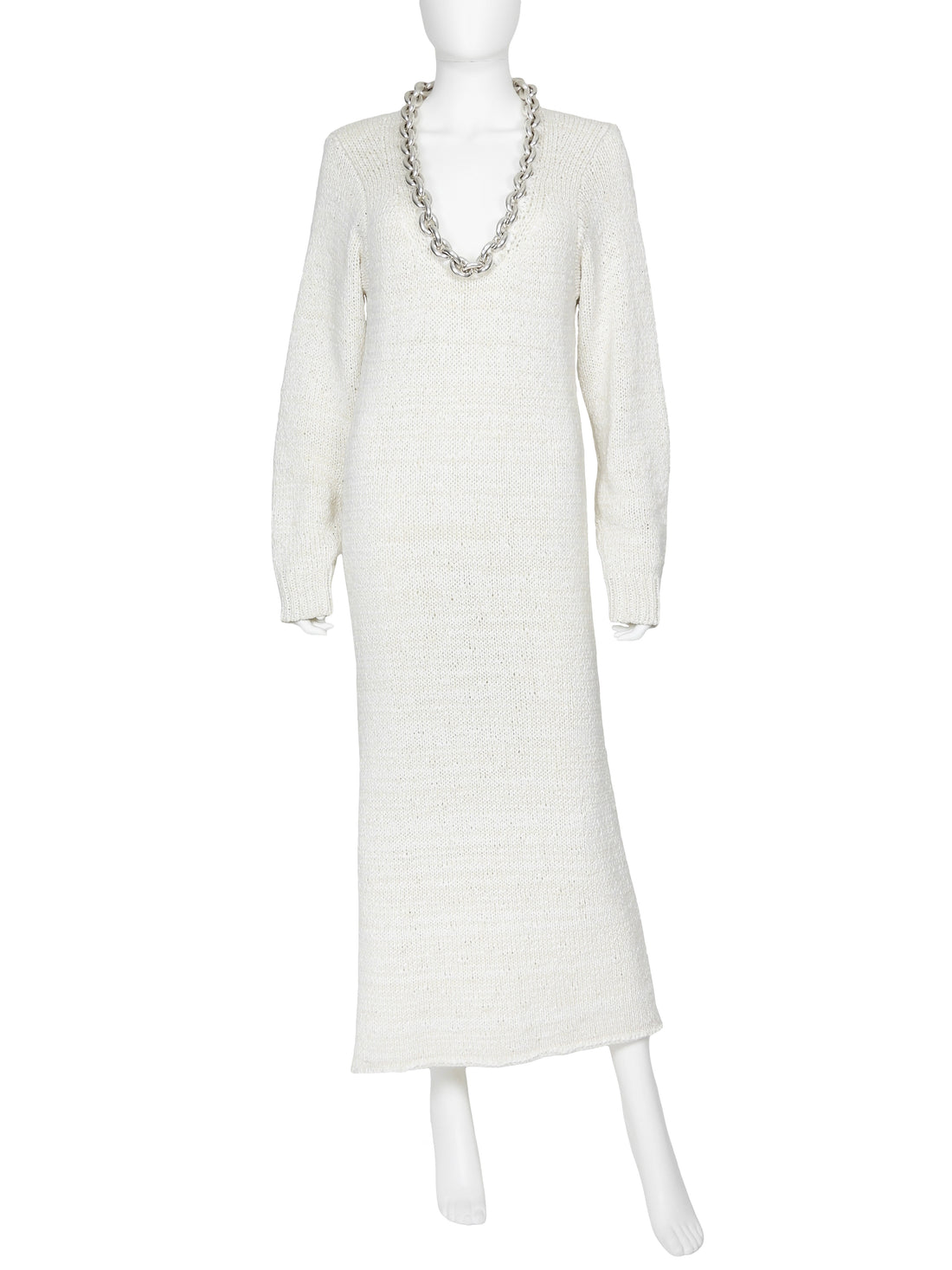 Bottega Veneta Ivory Silver Chain Neckline Cotton Knit Long Gown Dress - M