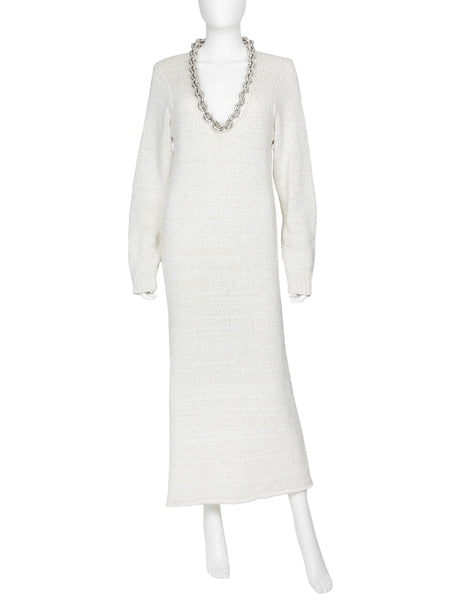 Bottega Veneta Ivory Silver Chain Neckline Cotton Knit Long Gown Dress - M