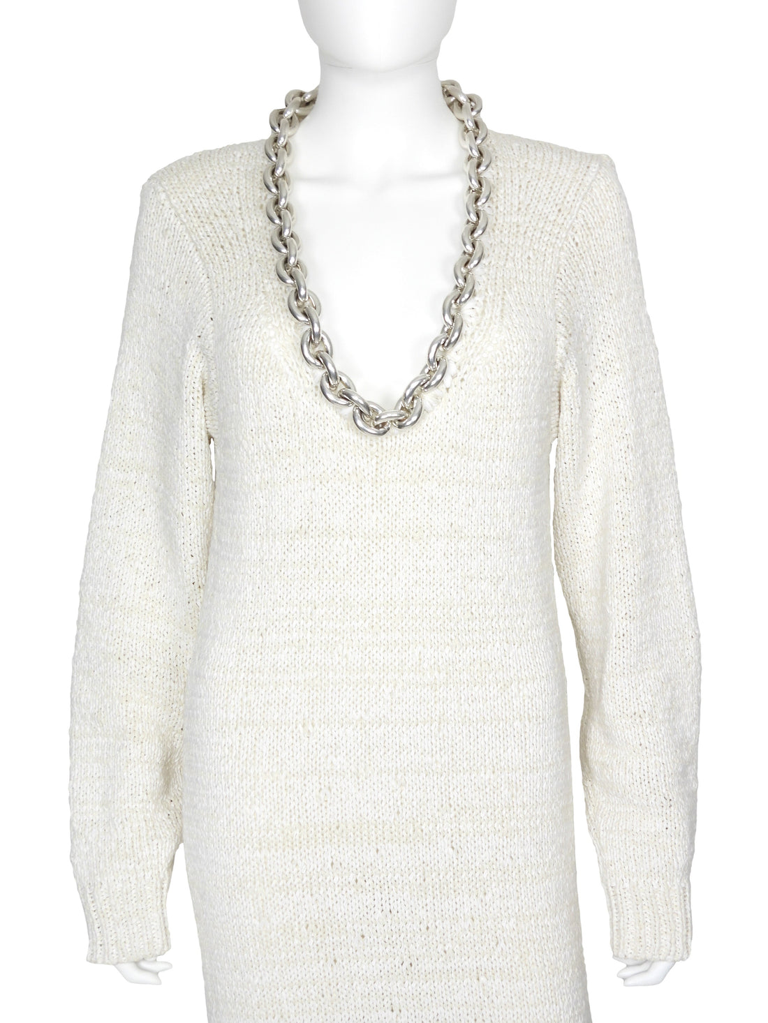 Bottega Veneta Ivory Silver Chain Neckline Cotton Knit Long Gown Dress - M