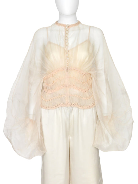 Zimmermann Blush Nude Illuminate Macrame Trim Bodice Sheer Silk Blouse - 0