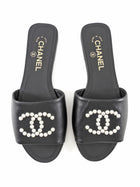 Chanel Pearl Interlocking CC Black Lambskin Flat Sandals - 37C