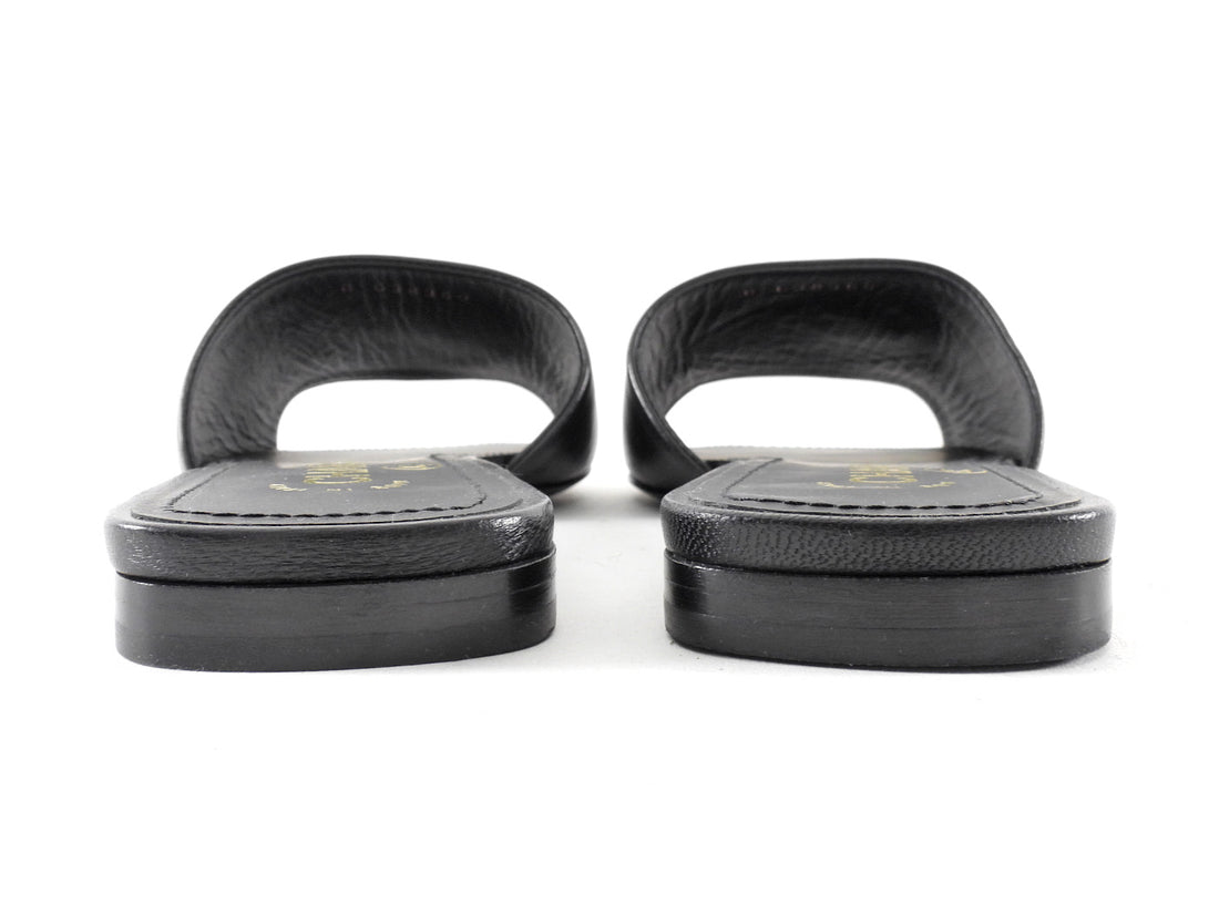 Chanel Pearl Interlocking CC Black Lambskin Flat Sandals - 37C