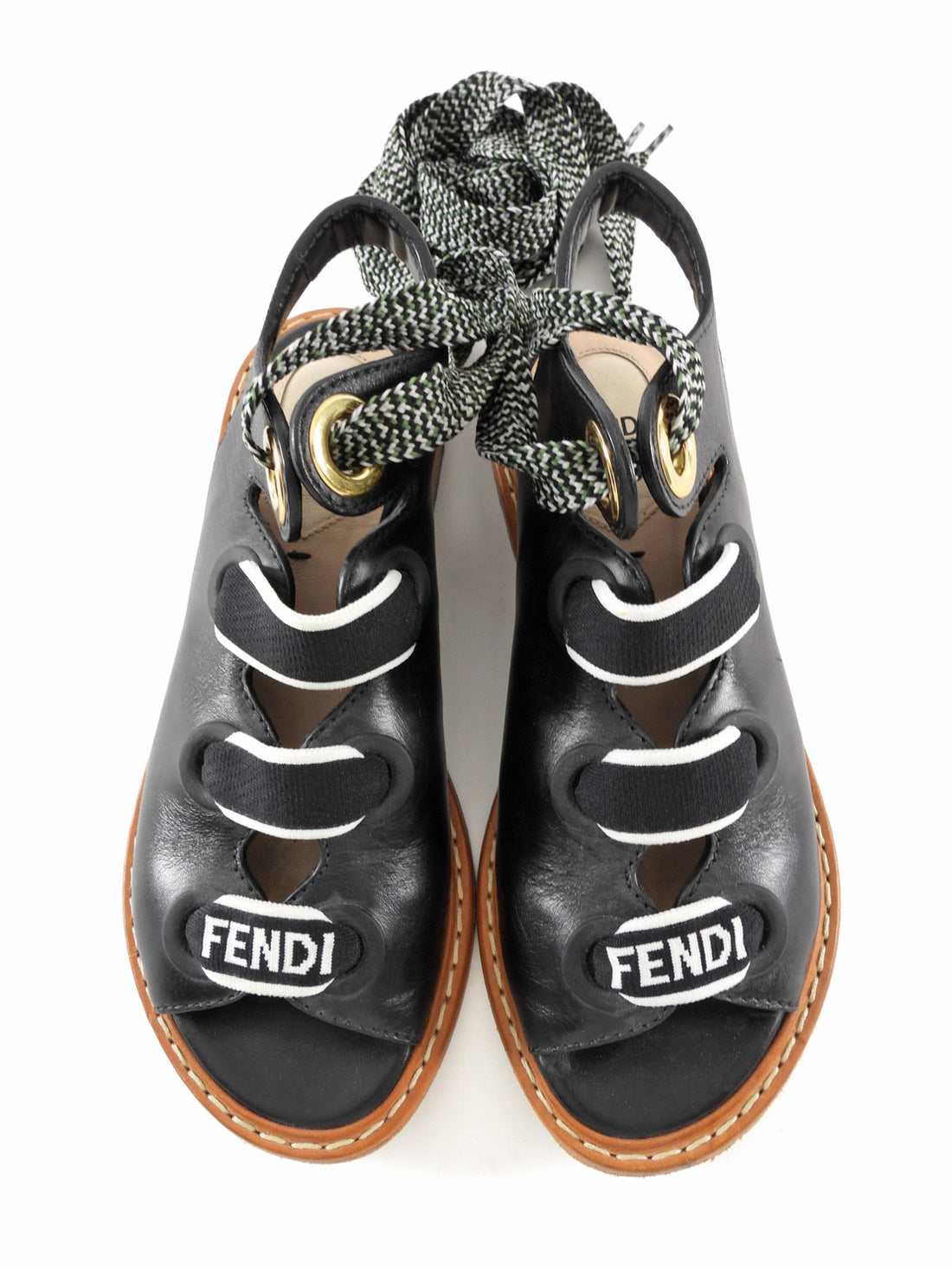 Fendi Black Leather Logo Lace Up Flat Sandals - 35
