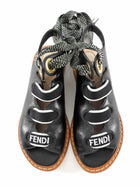 Fendi Black Leather Logo Lace Up Flat Sandals - 35