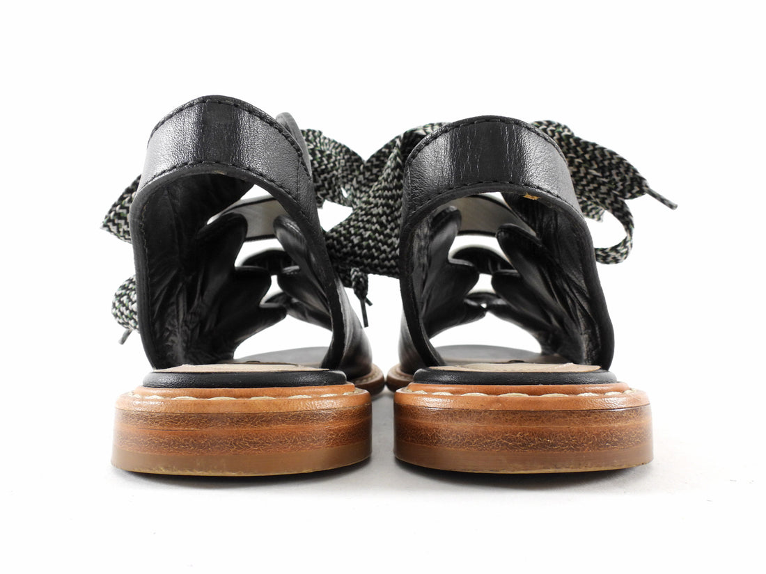 Fendi Black Leather Logo Lace Up Flat Sandals - 35