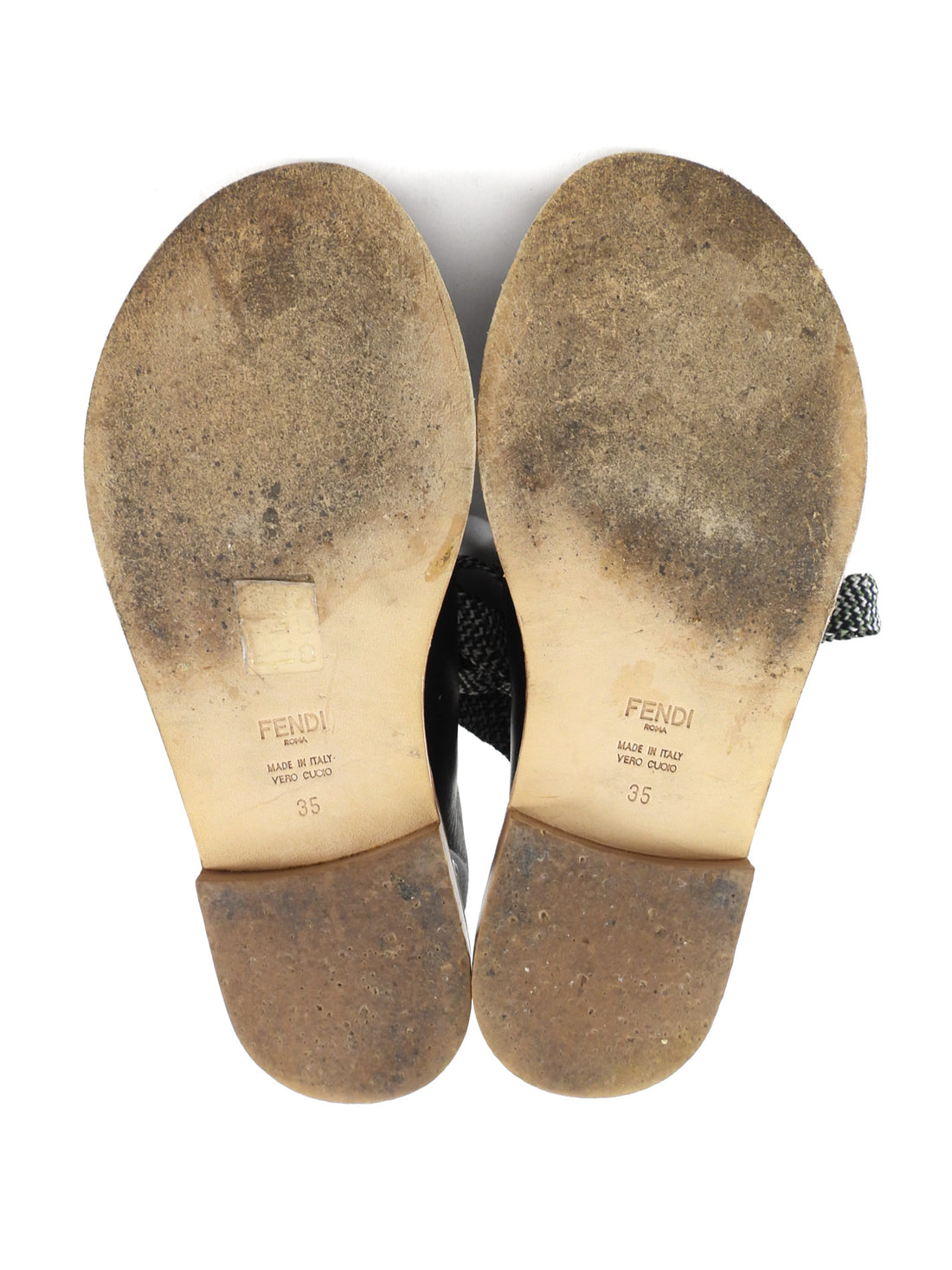 Fendi Black Leather Logo Lace Up Flat Sandals - 35