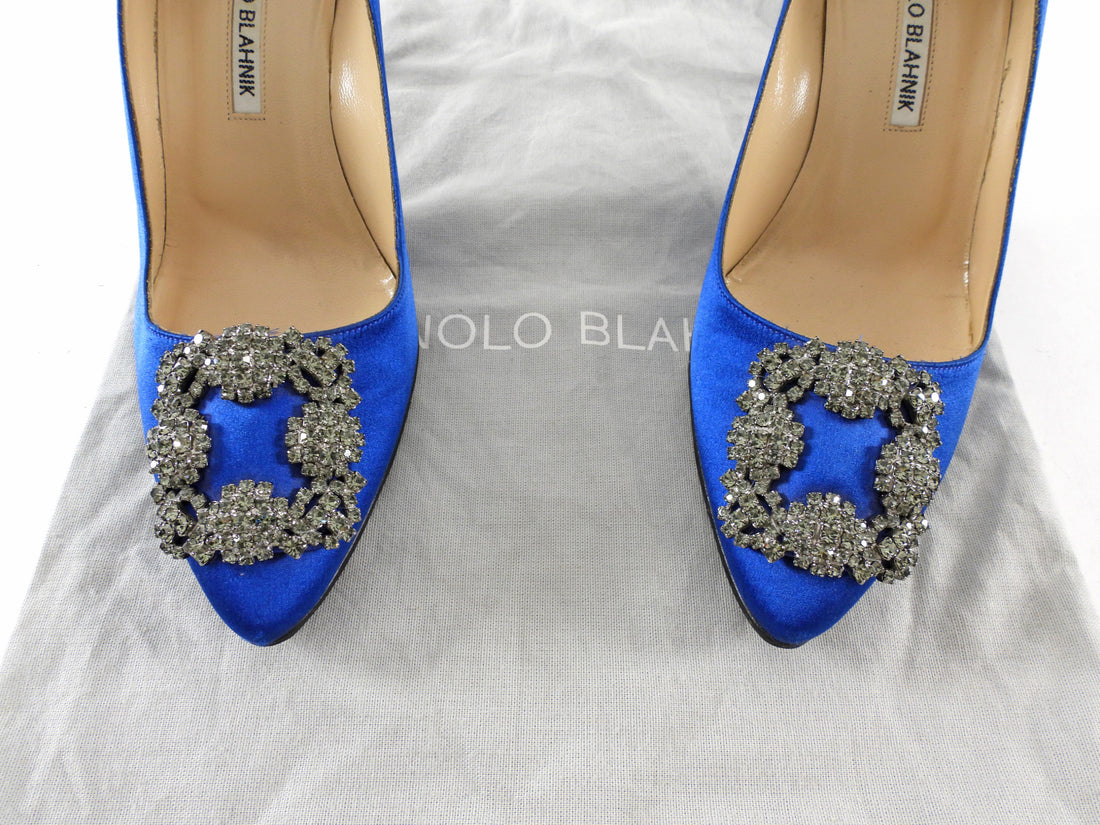 Manolo Blahnik Blue Satin Hangisi Crystal Buckle Pointed Pumps - 37.5