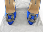 Manolo Blahnik Blue Satin Hangisi Crystal Buckle Pointed Pumps - 37.5