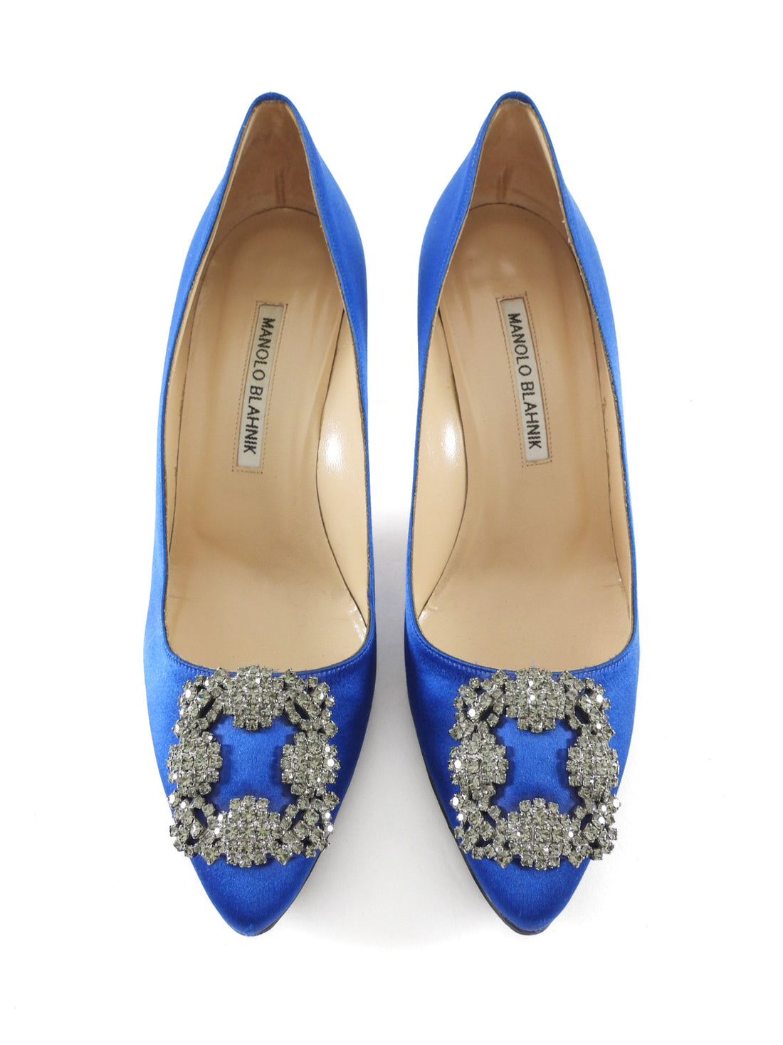 Manolo Blahnik Blue Satin Hangisi Crystal Buckle Pointed Pumps - 37.5