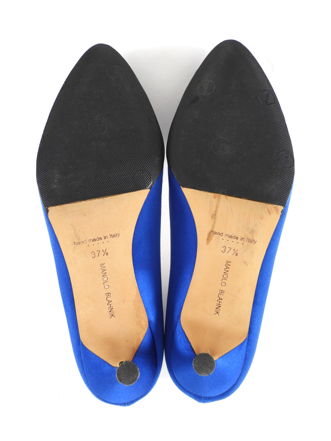 Manolo Blahnik Blue Satin Hangisi Crystal Buckle Pointed Pumps - 37.5