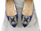 Manolo Blahnik Dark Navy Blue Satin Hangisi Crystal Buckle Pointed Flats - 37.5