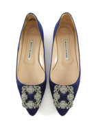 Manolo Blahnik Dark Navy Blue Satin Hangisi Crystal Buckle Pointed Flats - 37.5