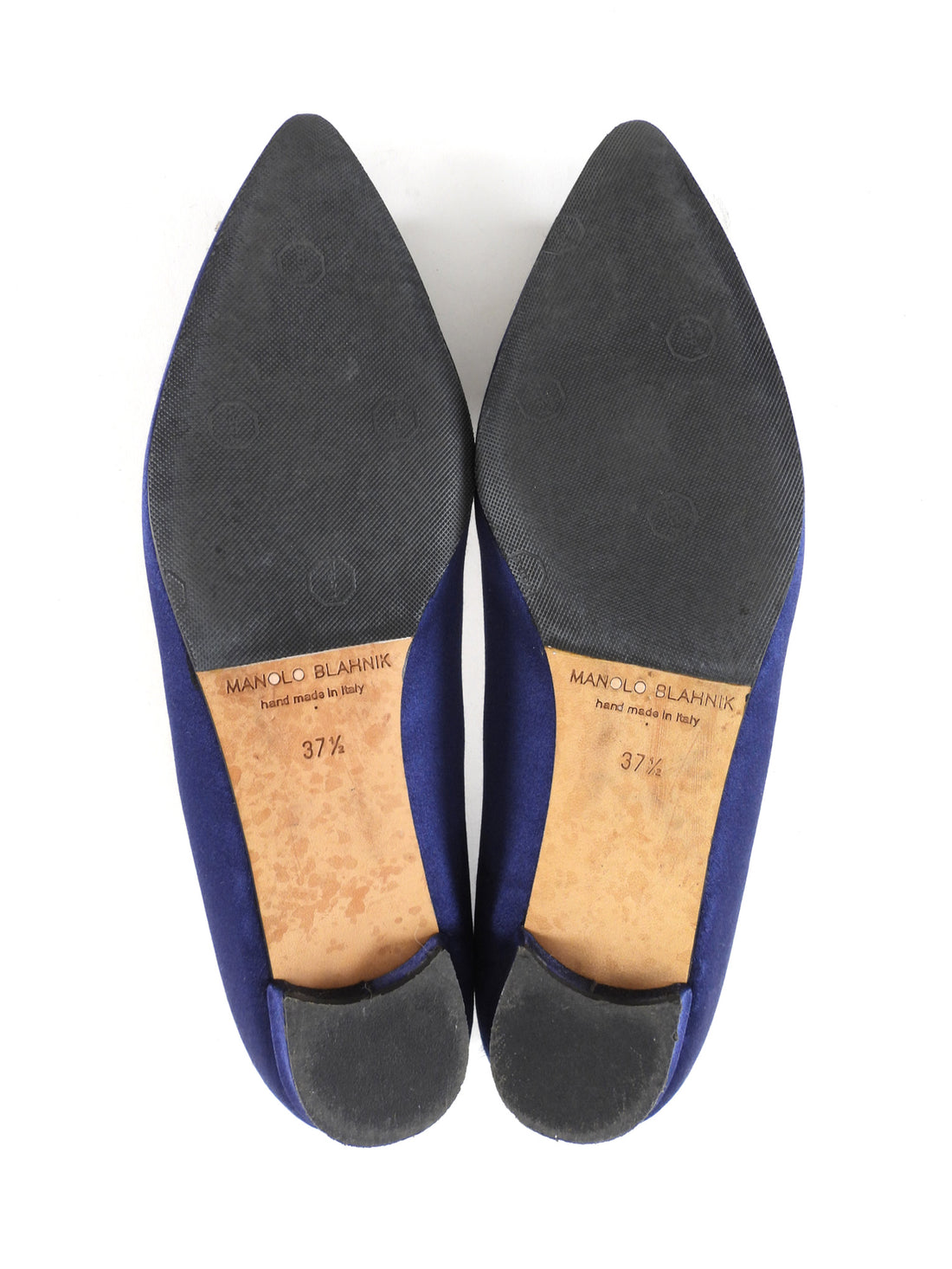 Manolo Blahnik Dark Navy Blue Satin Hangisi Crystal Buckle Pointed Flats - 37.5