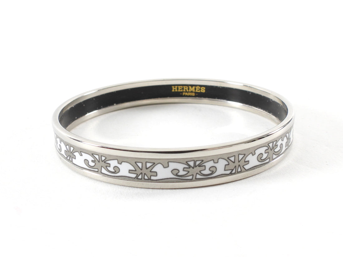 Hermes Balcons du Guadalquivir Grey White Enamel Narrow Bangle SHW