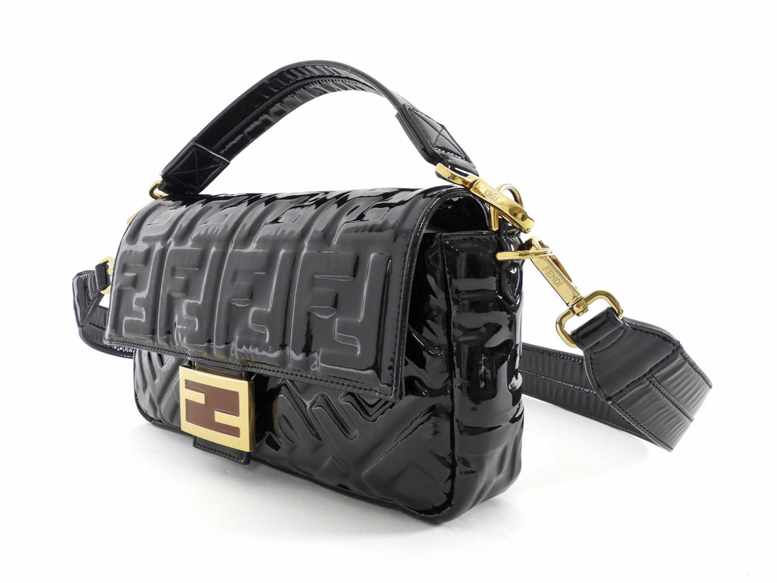 Fendi Baguette FF Zucca Embossed Black Patent Leather Two Way Shoulder Bag