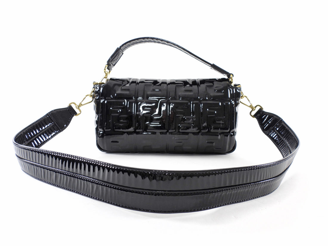 Fendi Baguette FF Zucca Embossed Black Patent Leather Two Way Shoulder Bag