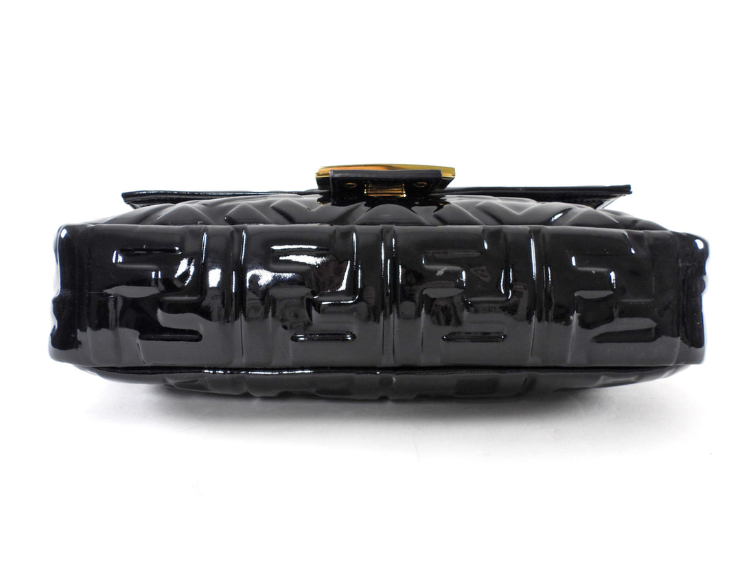 Fendi Baguette FF Zucca Embossed Black Patent Leather Two Way Shoulder Bag