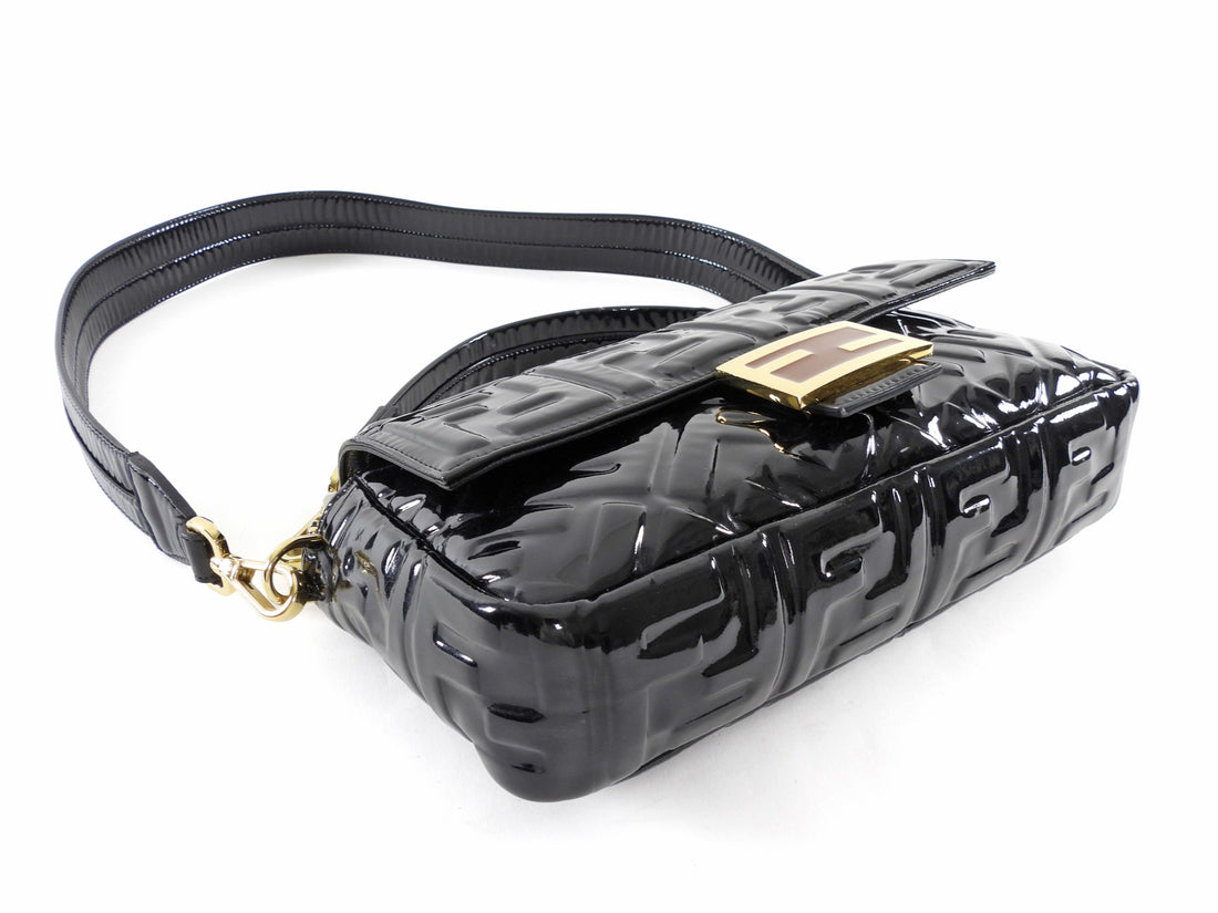 Fendi Baguette FF Zucca Embossed Black Patent Leather Two Way Shoulder Bag