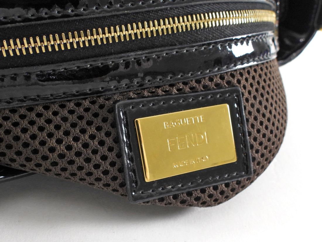 Fendi Baguette FF Zucca Embossed Black Patent Leather Two Way Shoulder Bag