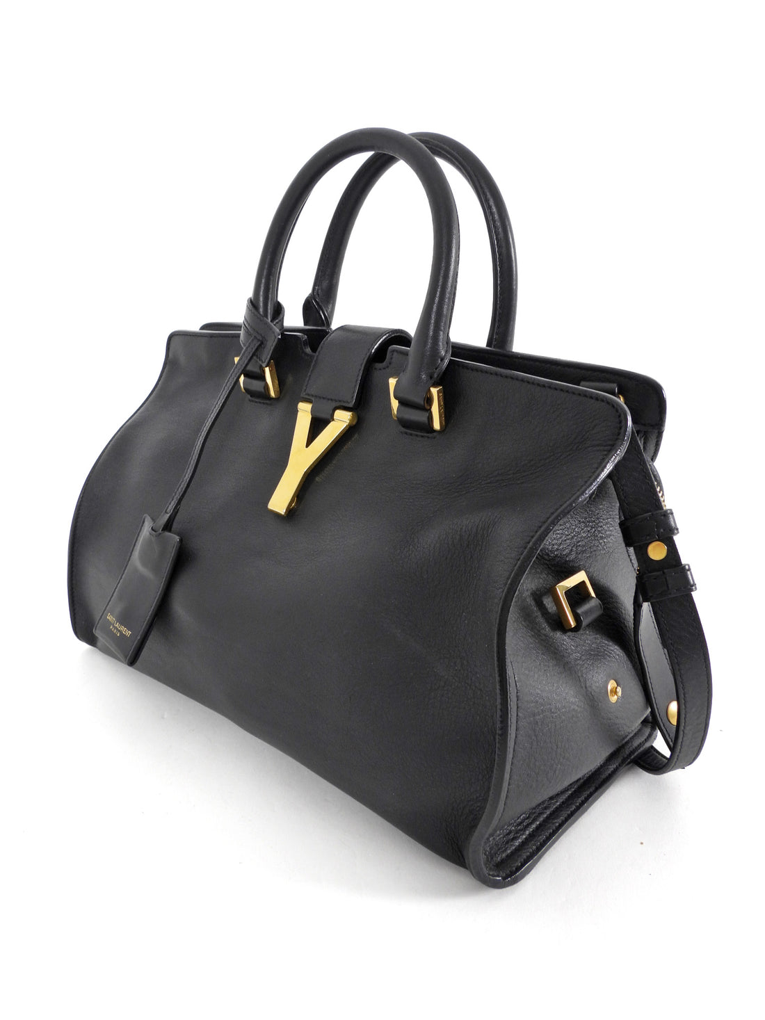 Saint Laurent Vintage Y Ligne Cabas Small Black Leather Two Way Tote Bag