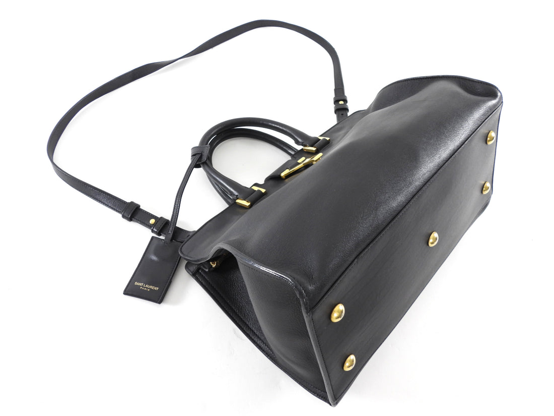 Saint Laurent Vintage Y Ligne Cabas Small Black Leather Two Way Tote Bag
