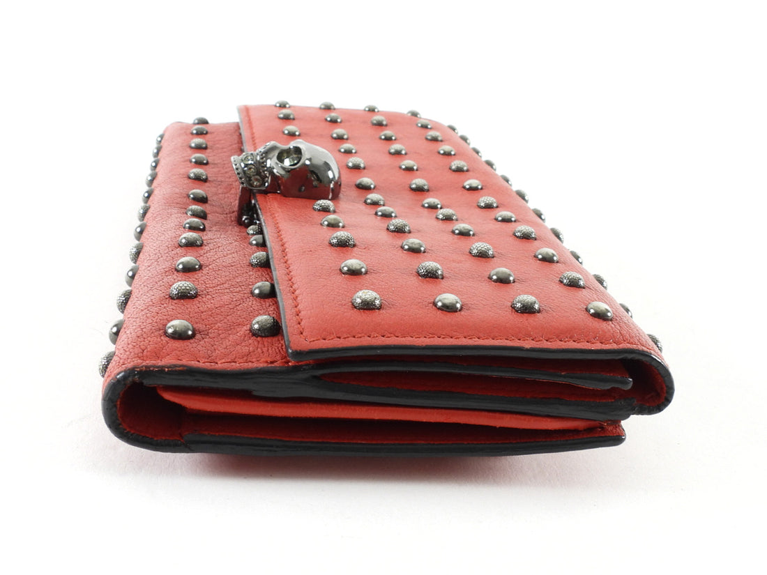 Alexander McQueen Studded Red Leather Skull Medium Trifold Wallet